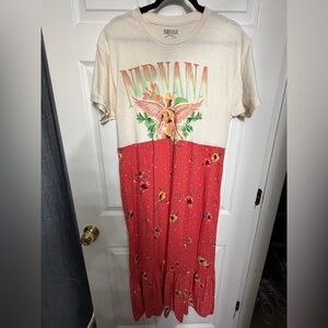 Nirvana Graphic Tee Dress with Floral Skirt Upcycled